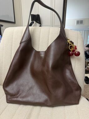 Coach Dark Brown Leather Shoulder Bag with Red Cherry Charm